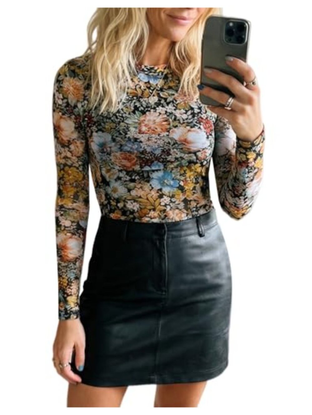Floral Mesh Top Women Crew Neck Long Sleeve See Through Shirt Fitted Party